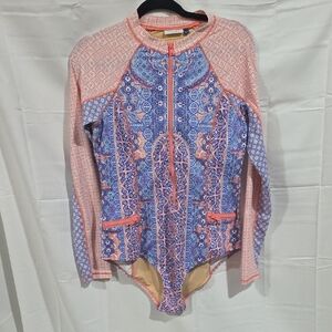 Cbana Life Coral and Blue Patterned Zip-Up One Piece Swimsuit